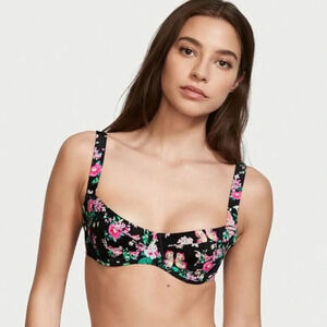 Victorias Secret Nwt Black Floral Wicked Underwire Sling Swim Bikini Top NEW